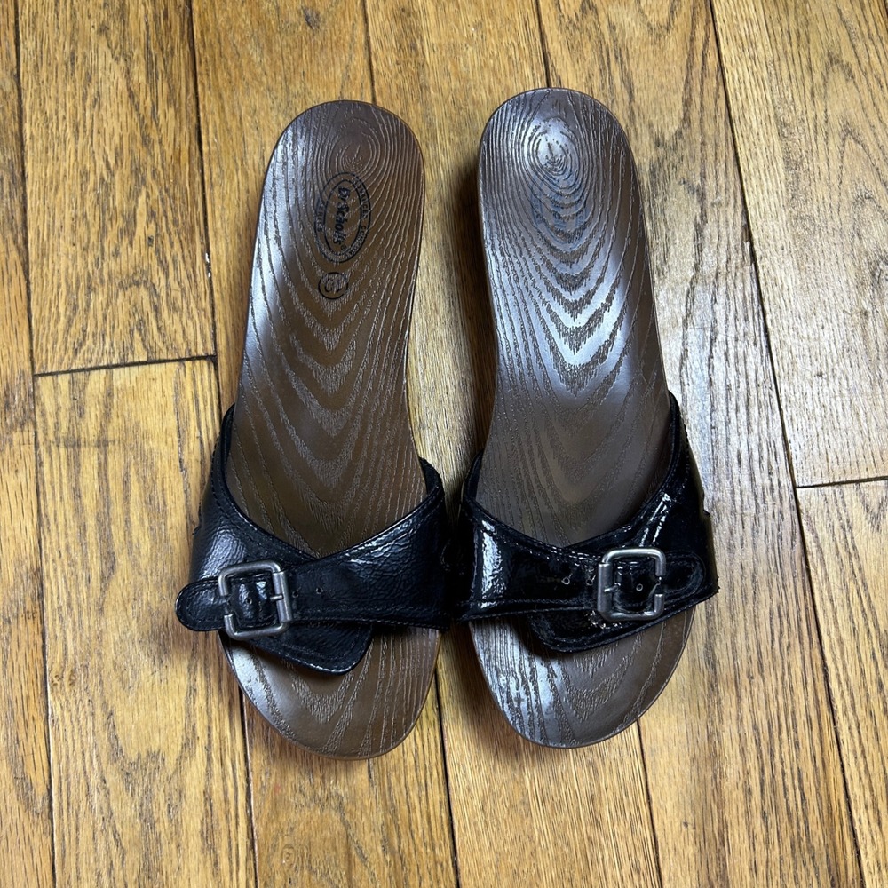 Dr. Scholls Advanced Comfort Series Black Patent Buckle Slide Sandals Size 10